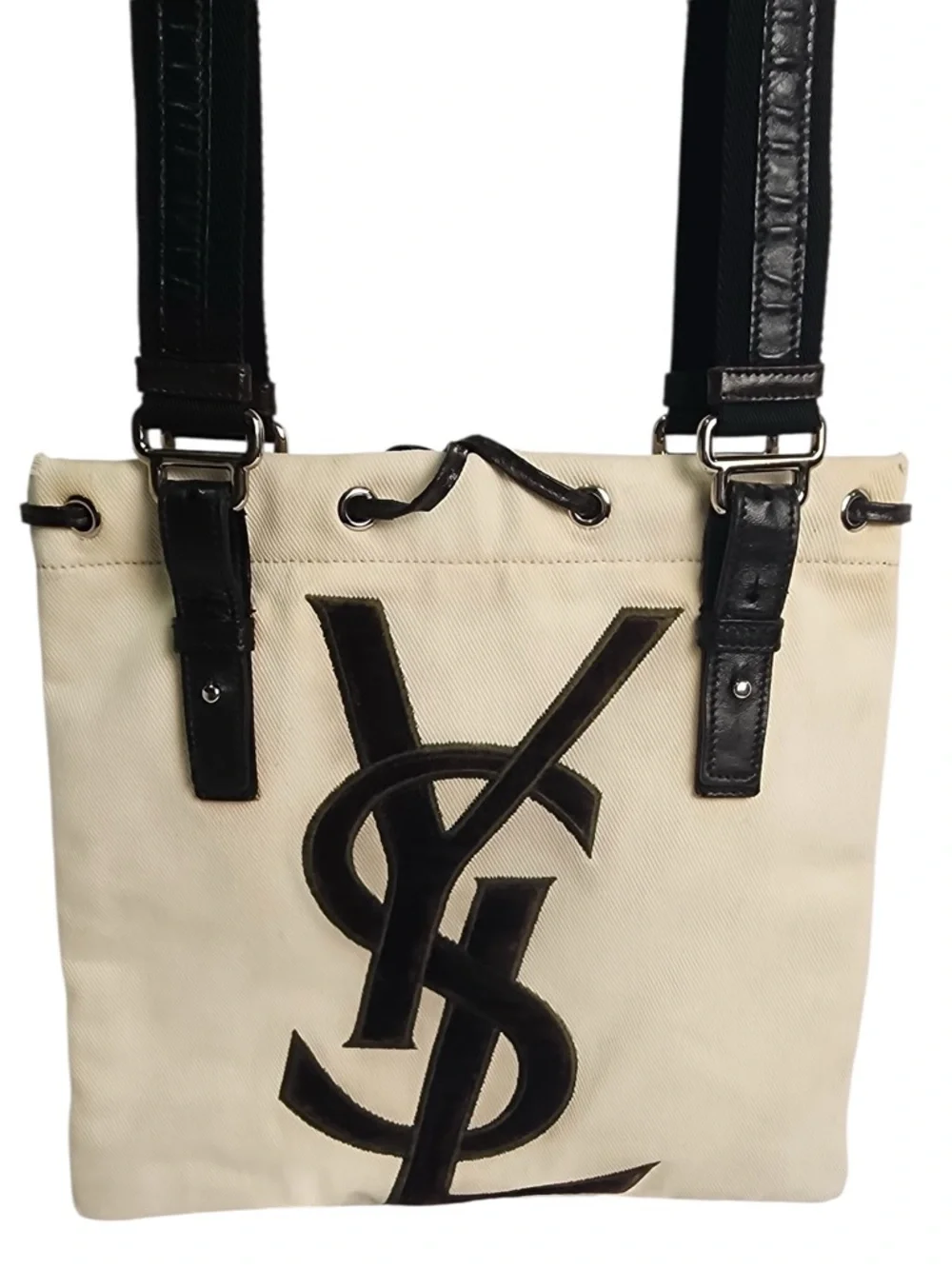 Yves Saint Laurent YSL Brown Cream Kahala Tote Messenger Bag